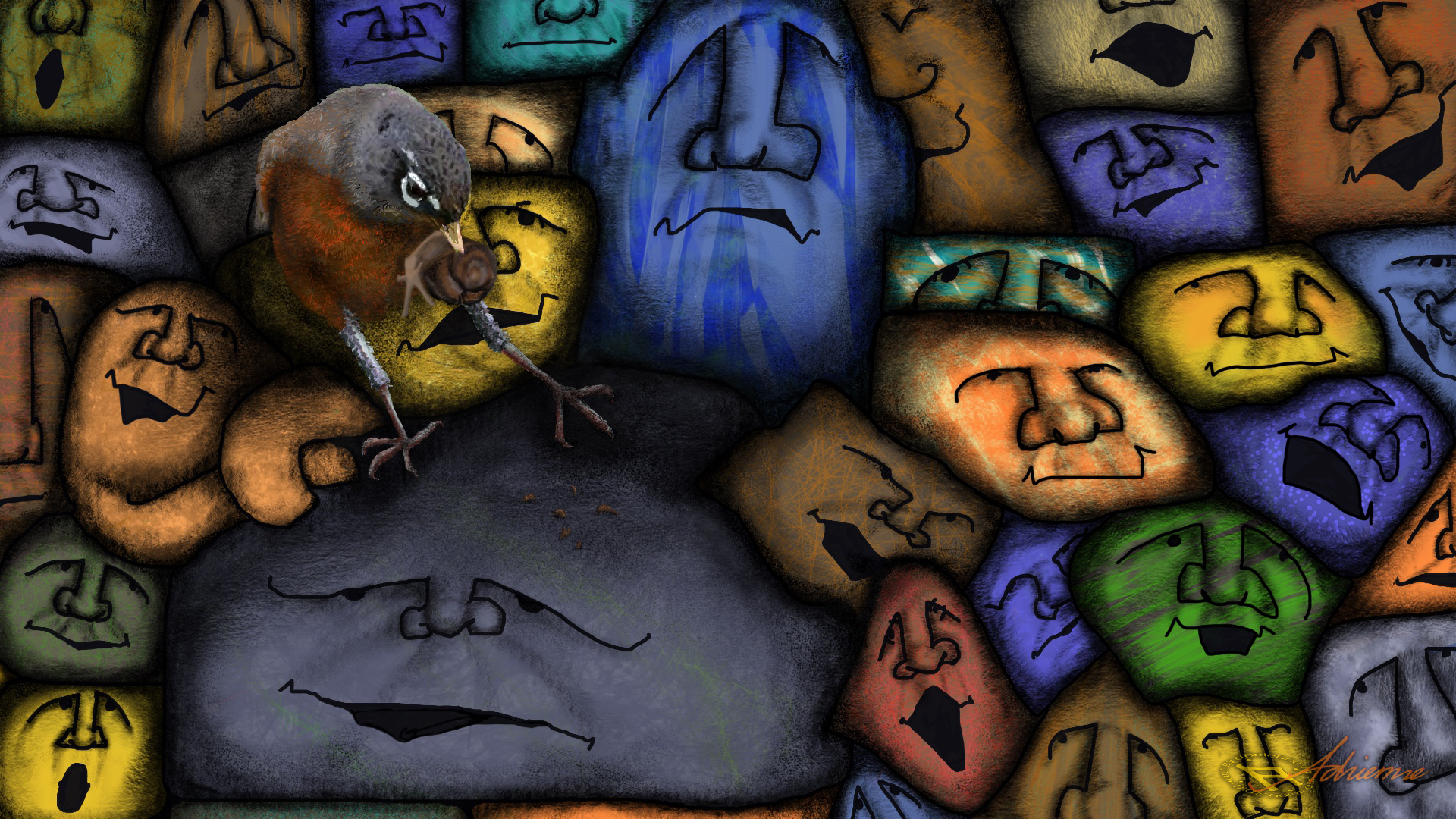 Rockin' Robbin is Rocky Faces Startled by a Robbin Cracking a Snail