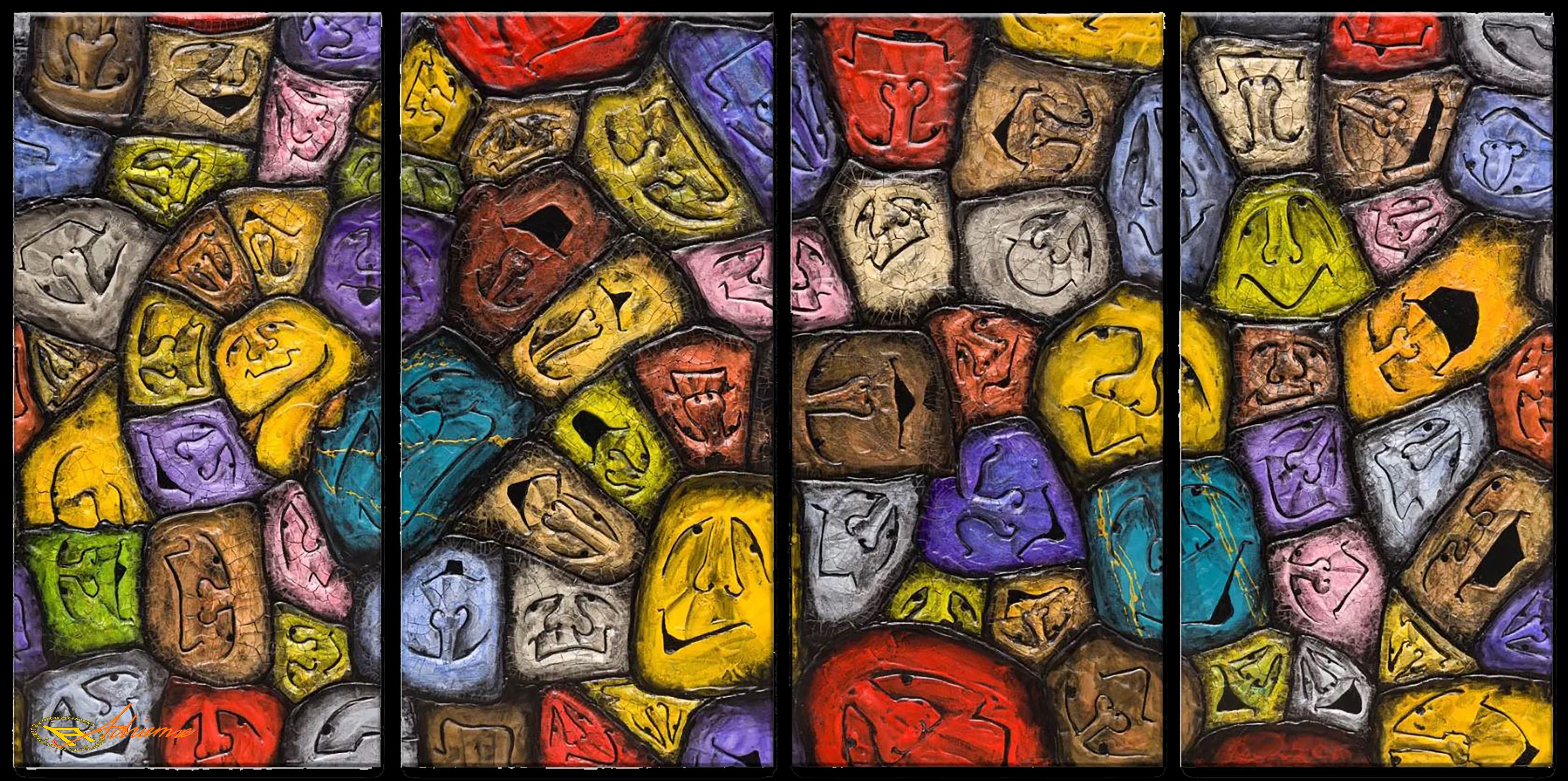 Set of 4 Textured Rock Faces On Wood